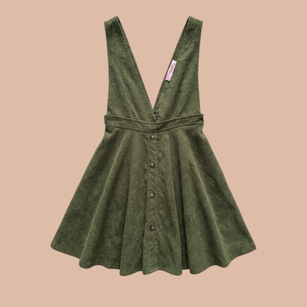 Olive Green Corduroy Pinafore Jumper Dress Button Front Skirt LARGE Fall